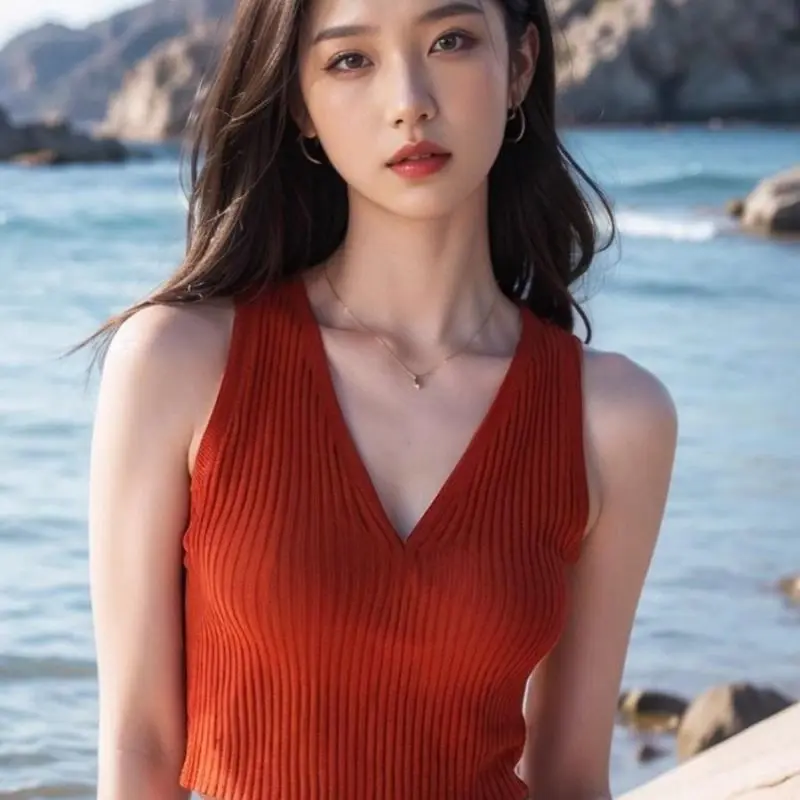 Retro red V-neck knitted camisole vest for women wearing summer shorts, dopamine Thai chic sweet and spicy mini top