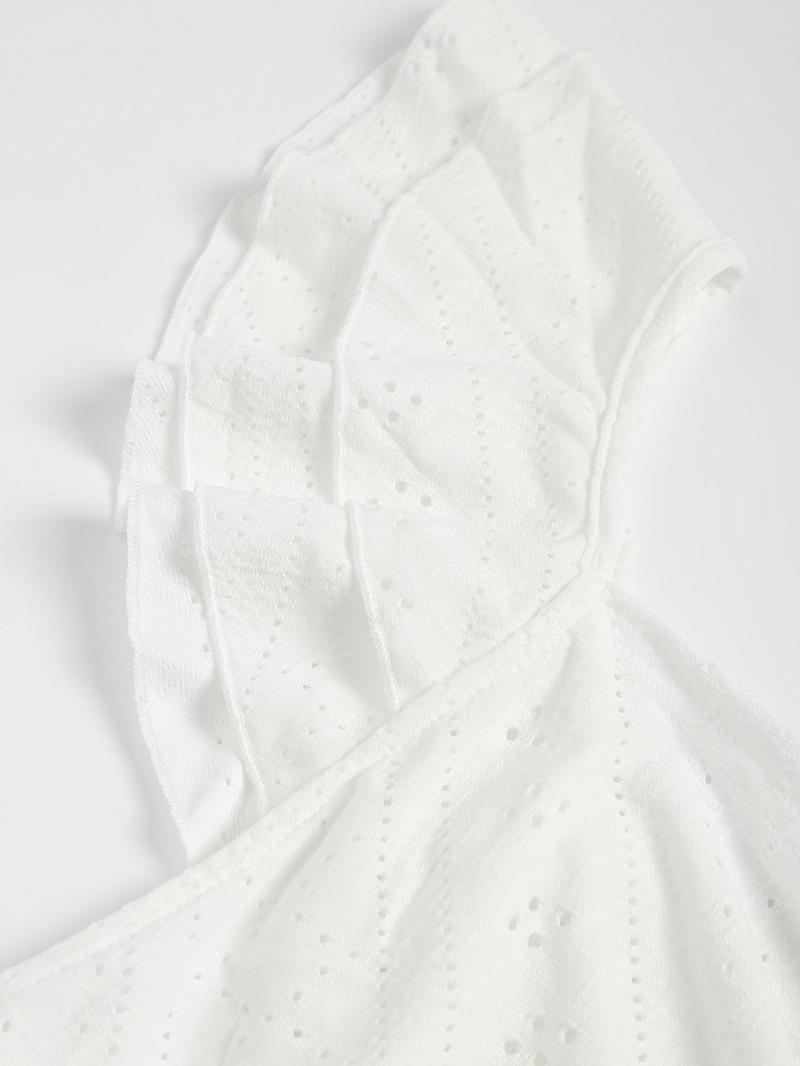 Product Introduction of 【Plus Size】 Solid Eyelet Embroidery Ruffle Trim Bodysuit, Casual Wrap Bodysuit for Summer, Women's Clothes for Daily Wear 5