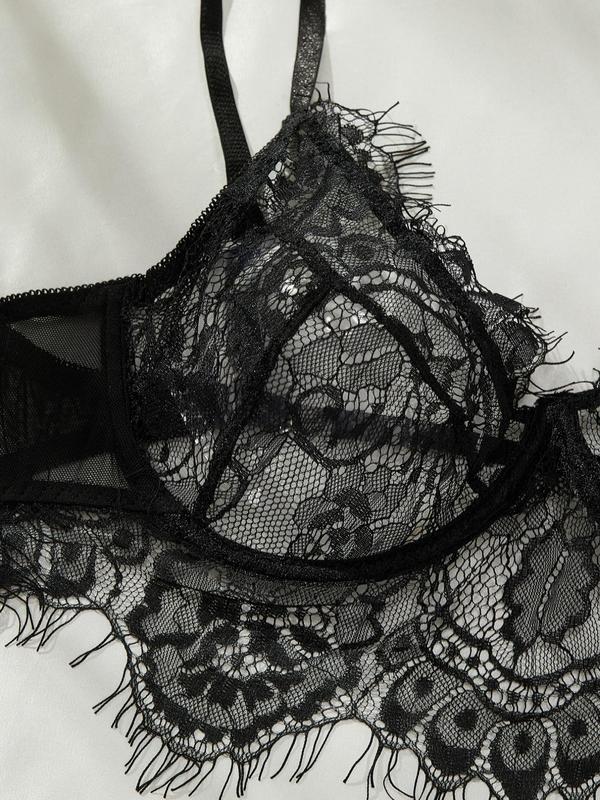 【Plus Size】 Contrast Lace Bra & High Cut Panty, Soft Comfortable Breathable Lingerie Set for Daily Wear, Women's Underwear Set for All Seasons 7
