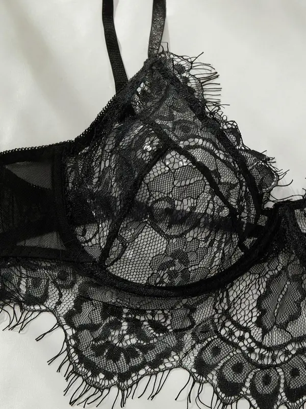 【Plus Size】 Contrast Lace Bra & High Cut Panty, Soft Comfortable Breathable Lingerie Set for Daily Wear, Women's Underwear Set for All Seasons 7