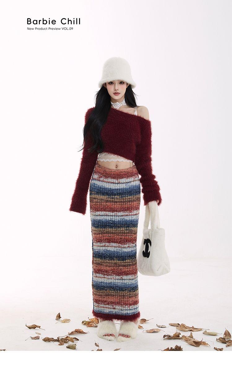 Product Introduction of Váy Len Barbie Dì, Dành Cho Nữ, Bộ Sưu Tập Thu Đông, Hàng Mới Về, Màu Tương Phản, Sọc Tua Rua, Váy Midi, Váy Bodycon, Năm 2024 Women váy  sườn Thun 5