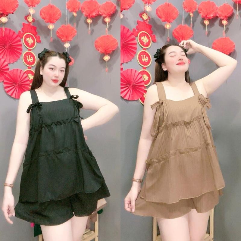 Set bộ đồ hai dây dễ thương áo babydoll kèm quần vải xốp đũi mềm mát set dành cho bigsize-SET58 Nữ Kem Women Top