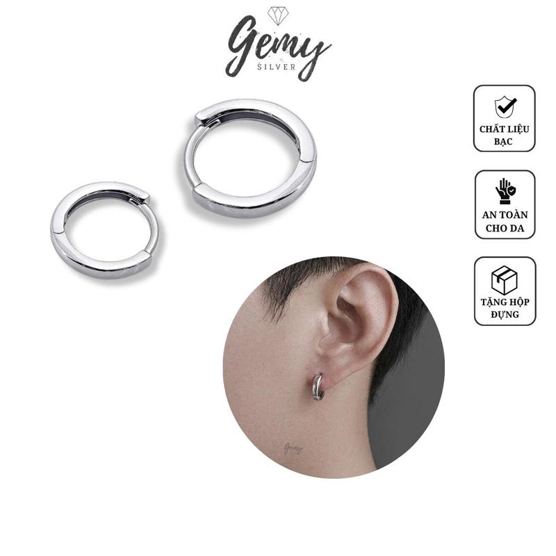 Khuyên tai tròn nam bạc 925 trơn nhiều size màu bạc mạ vàng Heli (1 chiếc) | GEMY SILVER KN1