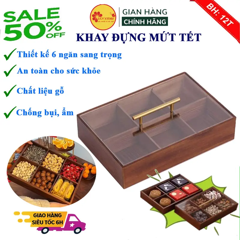 khay đựng mứt - khay đựng mứt tết bằng gỗ cao cấp, Thiết Kế 6 Ngăn Sang Trọng , chống bụi bẩn, ẩm ướt, khay mứt tết gỗ an toàn cho sức khỏe, hộp mứt tết, khay mứt tết Phúc-Lộc-Thọ bằng nhựa 0