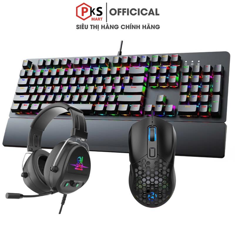 PKSMART - BLACK S K104 + X300 + TD004 - Combo Bàn Phím Cơ Chuột Tai Nghe Gaming Có Dây - LED RGB 15 Hiệu Ứng 8 Màu LED Đơn Xuyên Chữ - Anti-Ghosting  - Blue Switch - Kê Tay Tháo Rời