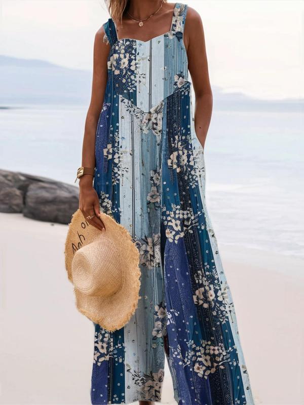 【Plus Size】 All Over Floral Print Button Design Overall Jumpsuit, Casual Boho Sleeveless Wide Leg Jumpsuit for Beach Holiday Vacation, Women's Clothes for Summer, Bohemian Womenswear 2