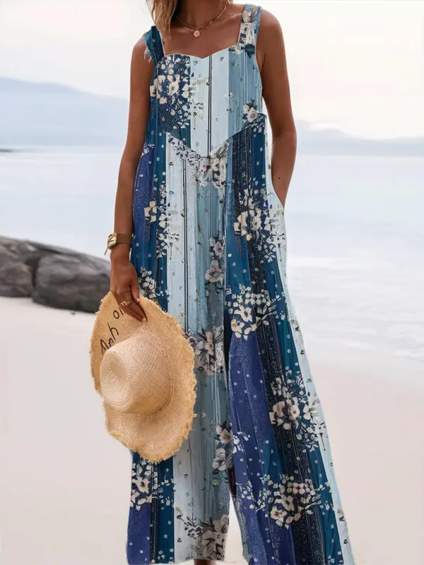 【Plus Size】 All Over Floral Print Tie Shoulder Cami Romper, Boho Casual Sleeveless Jumpsuit for Beach Holiday Vacation, Women's Plus Clothing for Summer, Womenswear 0