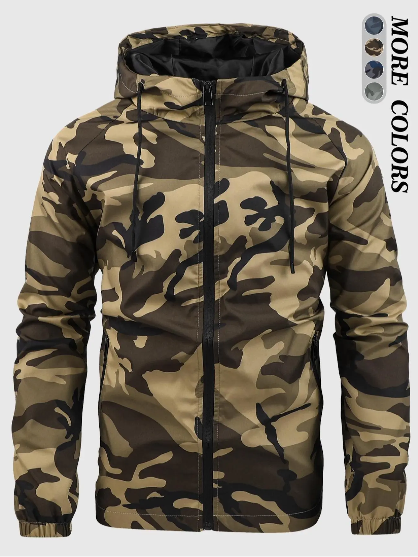 Men's Camo Print Drawstring Zip Up Hooded Jacket, Long Sleeve Windproof Outerwear for Outdoor, Waterproof Jackets for Men, Windbreaker for Men, Construction Workwear, Men's Clothes, Winter Jacket, Going Out Top
