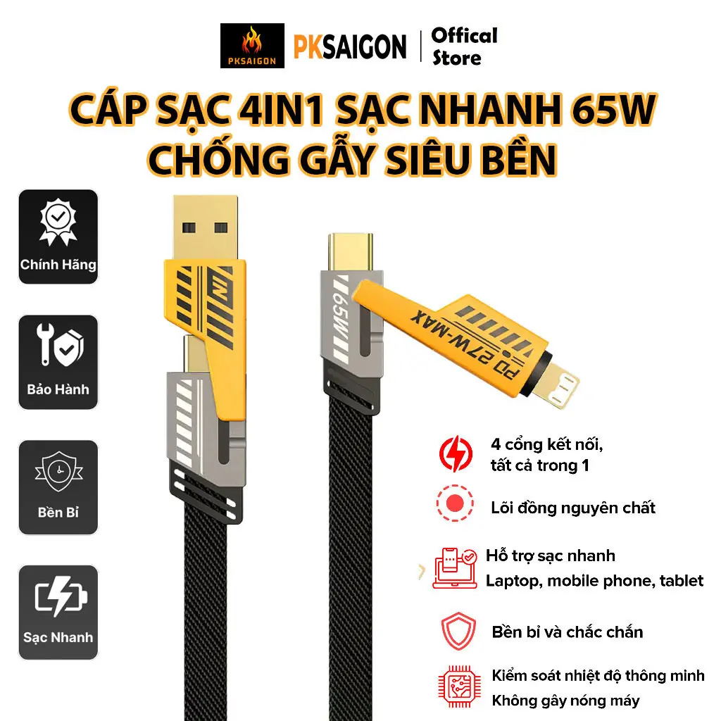 Dây Sạc Siêu Nhanh PKSAIGON 4IN1 Chống Gẫy Siêu Bền, Tốc Độ Sạc Siêu Nhanh 65W Bảo Hành 12 Tháng PKSAIGON