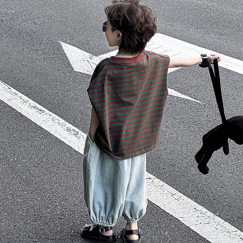 Bộ Quần Áo Trẻ Em, Phong Cách Hàn Quốc, Dành Cho Bé Trai Và Bé Gái, Áo Phông Và Quần Chống Muỗi Dáng Rộng, Bộ Áo Phông Khối Màu, Hợp Xu hướng, Mùa Hè 2024 5