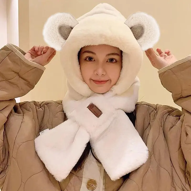 Mũ Mùa Đông, Có Khăn Quàng Cổ, Mũ Tai Gấu Lông Mịn Dễ Thương, Dày Dặn, Tích Hợp Khăn Quàng Cổ Nhồi Bông Thích Hợp Cho Thời Tiết Lạnh Giá, Mũ Tai Ấm Áp Mùa Đông 3