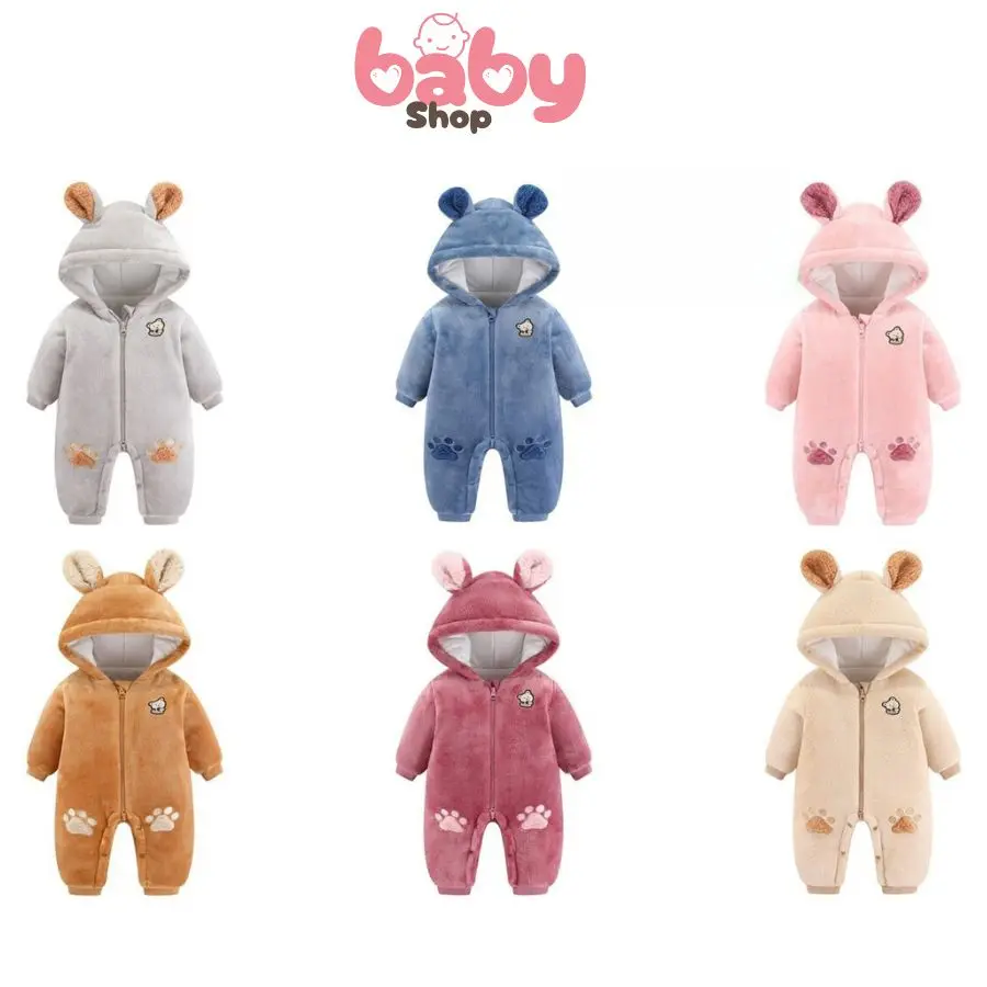Bộ Bodysuit Bộ Đồ Liền Thân Có Mũ Hoạ Tiết Gấu, Vải Lông Nhung Cao Cấp Cho Bé Từ 3-12kg Baby Shop Jumpsuit