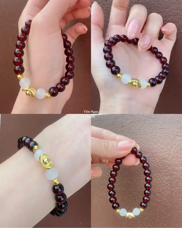 Vòng tay nữ 8ly đỏ rượu vang mix charm thỏi vàng hút lộc_sự kết hợp mới nhất 2025 0