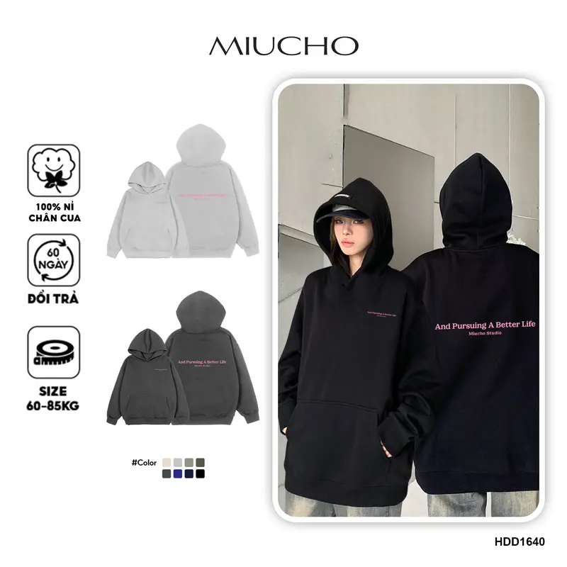Áo hoodie nữ form rộng dày dặn vải nỉ chân cua HDD1640 Miucho in basic 0