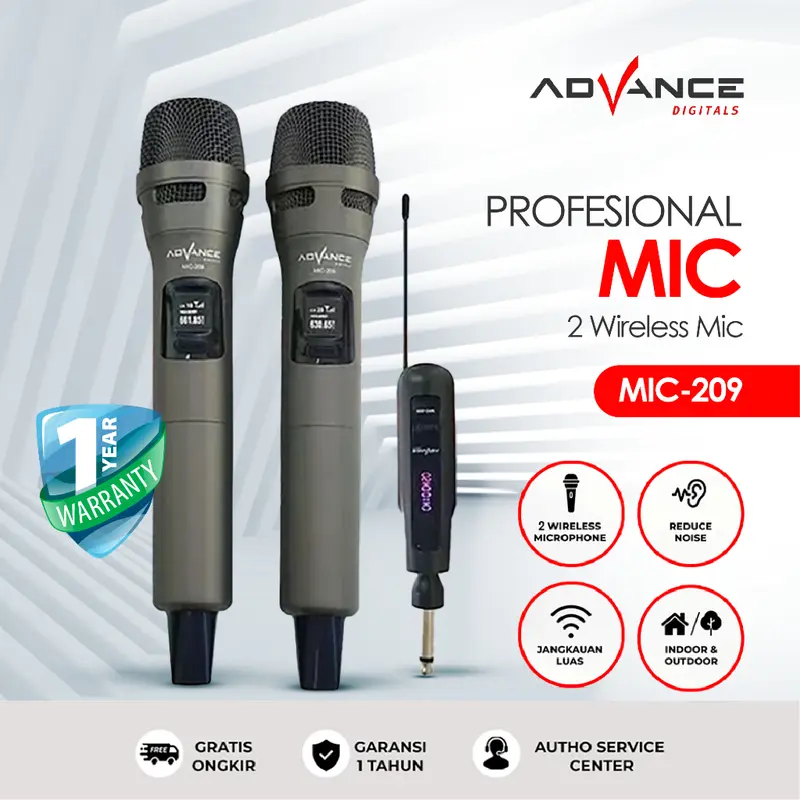 ADVANCE MIC-209 2Mic Digital Wireless Mic Microphone/Mikrofon Bluetooth Profesional Mic Wireless Bluetooth Microphone Termasuk tombol volume untuk menyesuaikan volume 0