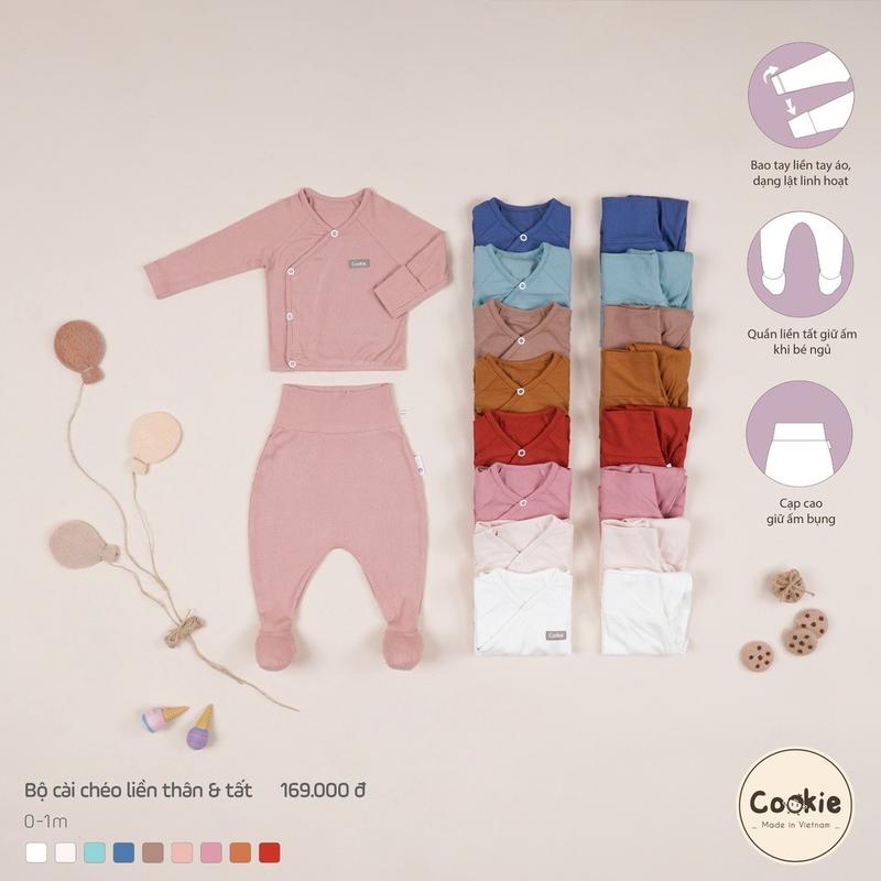 Bộ Quần Áo Dự Sinh Dưới 3kg5 Cookie Dài Tay Cài Chéo Liền Thân & Tất Size 0-1M Chất Cotton Tăm Lạnh Sandal Tee quanao tresosinh