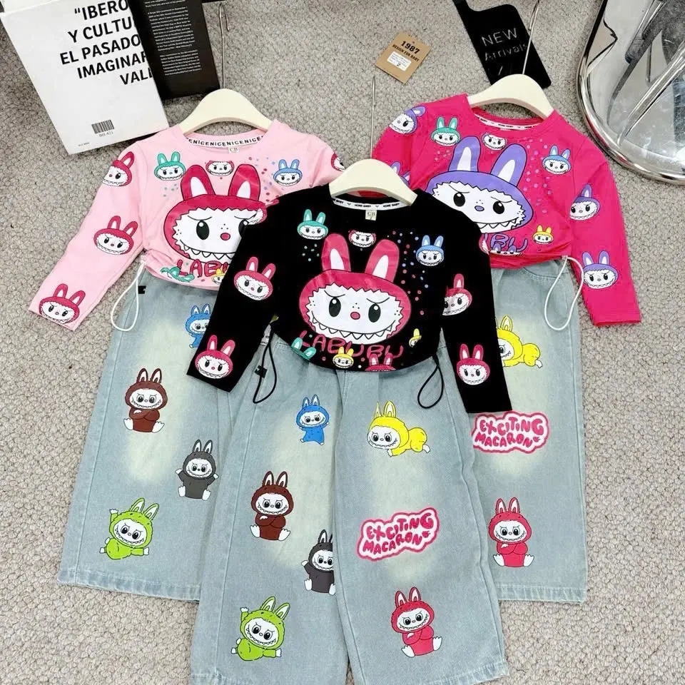 BỘ JEAN LABUBU ÁO COTTON KÈM QUẦN JEAN IN HÌNH DỄ THƯƠNG bé gái 9-30kg [N-22]