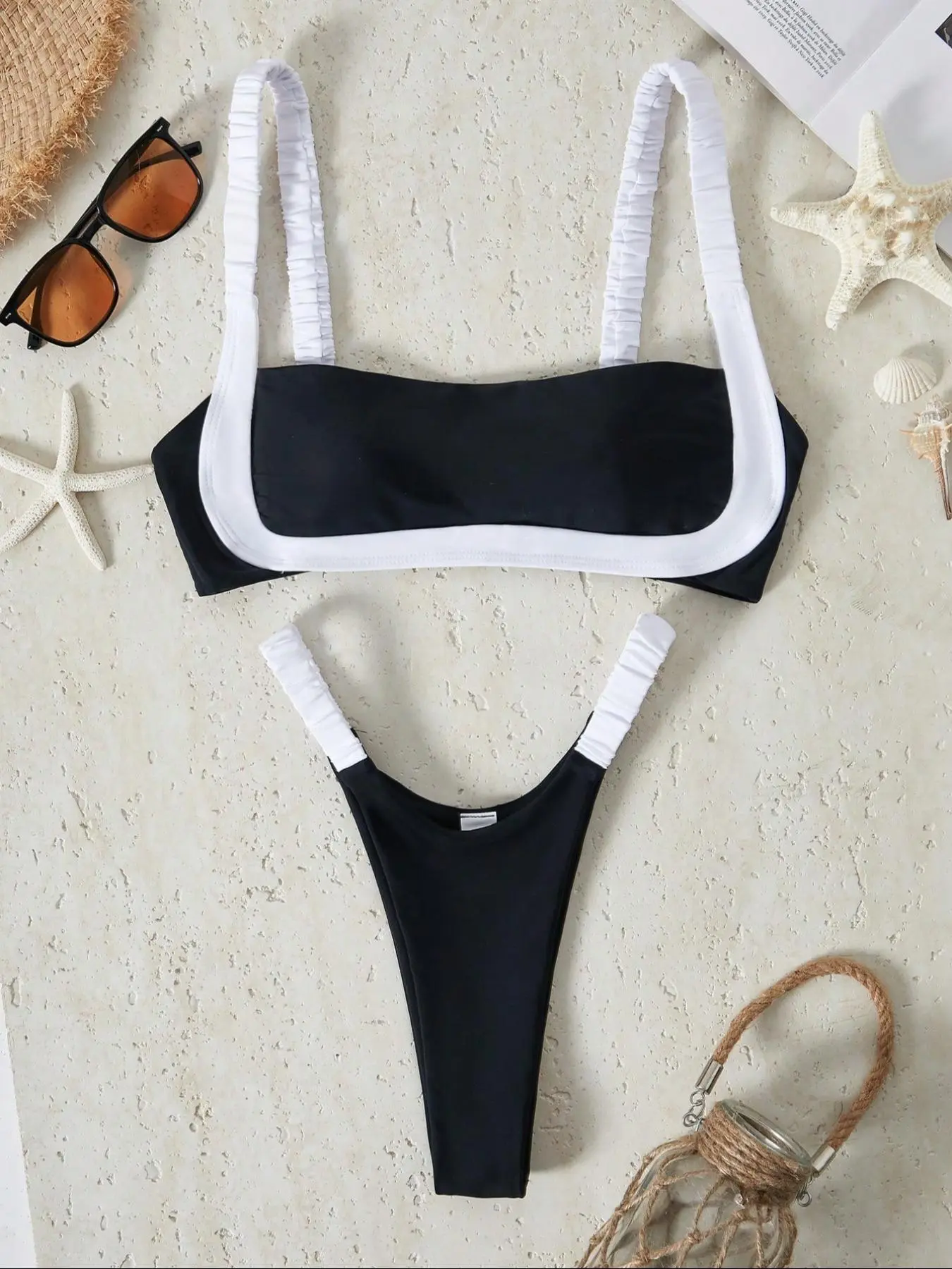 Two-Piece Set Women's Black & White Colorblock Bikini Set, High Stretch Casual Sleeveless Swim Top & High Cut Swim Bottom Two-Piece Swimsuit for Beach Holiday Vacation, Ladies Swimwear for All Seasons