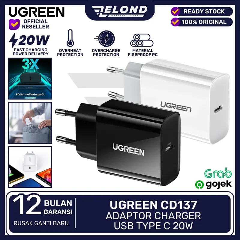 UGREEN Adaptor Adapter Kepala Charger iPhone 14 13 12 11 X 8 7 SE USB C 20W PD Fast Charging for iPhone CD137 0