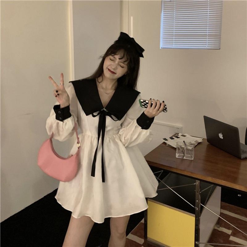 đầm baby doll phối cổ v đầm dáng xoè đen trắng (tặng kèm quần váy)(BB14) Nữ Dress Kem Khuy