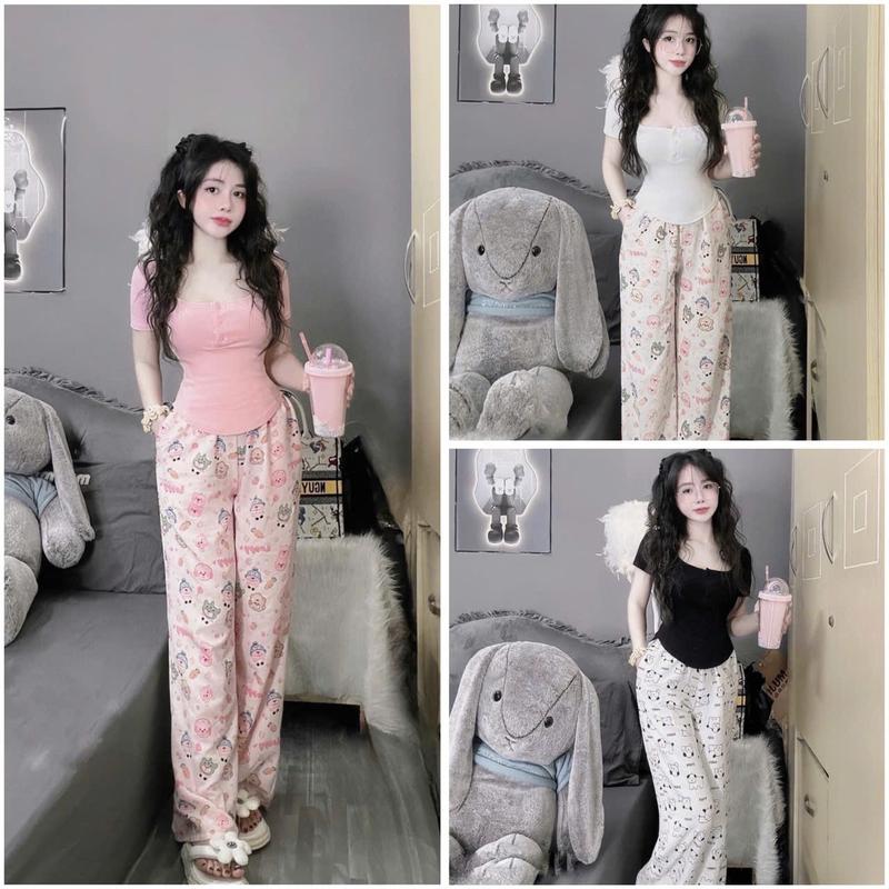 Đồ Bộ Nữ Áo Cộc Cổ Trụ Quần Ống Xuông iN Hoạ Tiết Chất Thun Tăm Dễ Thương Hot Trend[M4]