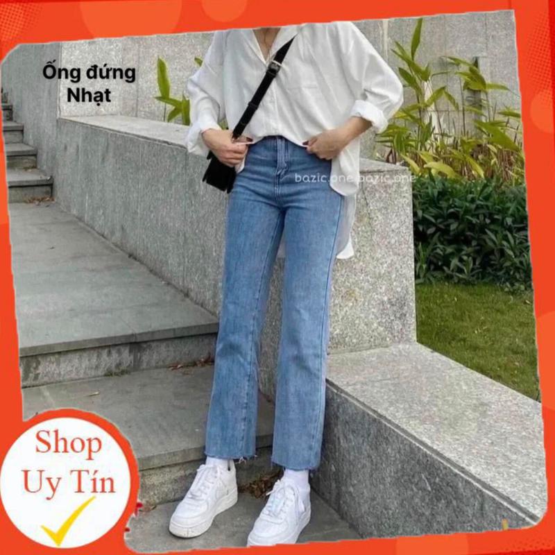 Quần ống đứng nữ trơn lưng cao xanh nhạt gấu cắt chất vải co giãn Jean Women Pants