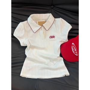 Academy Style White Short Sleeve Polo Collar Waist-Tied T-Shirt for Women Summer 2025 Unique Super Popular Youthful Sweet and Spicy Top Casual