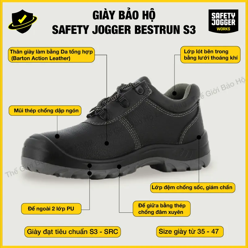 Giày Bảo Hộ Lao Động Safety Jogger Bestrun S3 Chống Thấm Nước, Chống Vật Nhọn  Đâm Xuyên, Chống Va Đập Mạnh, Chống Trơn Trượt, Chống Tĩnh Điện, Đế Ngoài Chống Dầu Và Nhiên Liệu 1