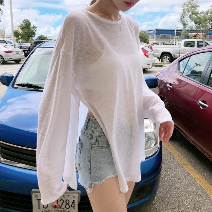 Quần Áo Chống Nắng Đi Biển, Dành Cho Nữ, Mỏng Và Dài Tay, Dáng Rộng Vừa Vặn, Ngoại Cỡ, Áo Phông, Áo Xẻ Tà, Che Kín Đầu Dệt Kim, Thích Hợp Cho Mùa Hè 1
