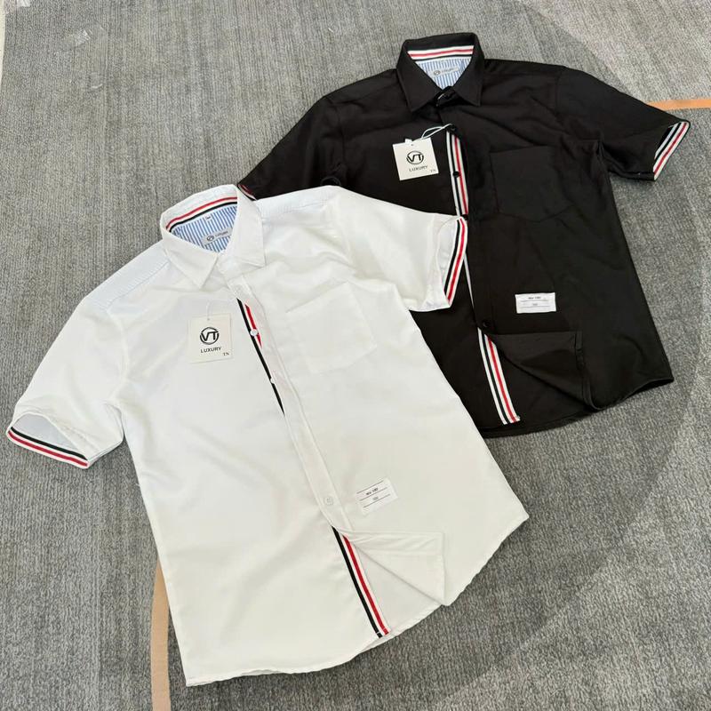 Sơ mi nam tay dài phối túi cổ thêu 3 sọc 2 màu đen trắng. Phong cách sang trọng Menswear Áo Shirt Có Cổ Nhung 5