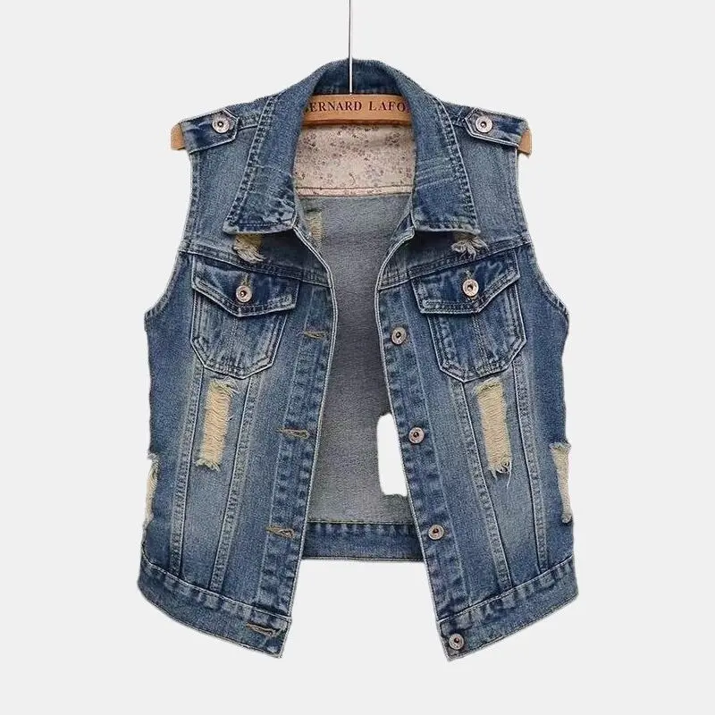 Áo Ghi Lê Denim, Nữ Mùa Hè Mới, Ngắn, Phong Cách Hàn Quốc, Giặt Xẻ Tà, Mỏng Và Dễ Phối Đồ Áo Khoác Không Tay Áo Ghi Lê, Áo Vest Top Women Top Women