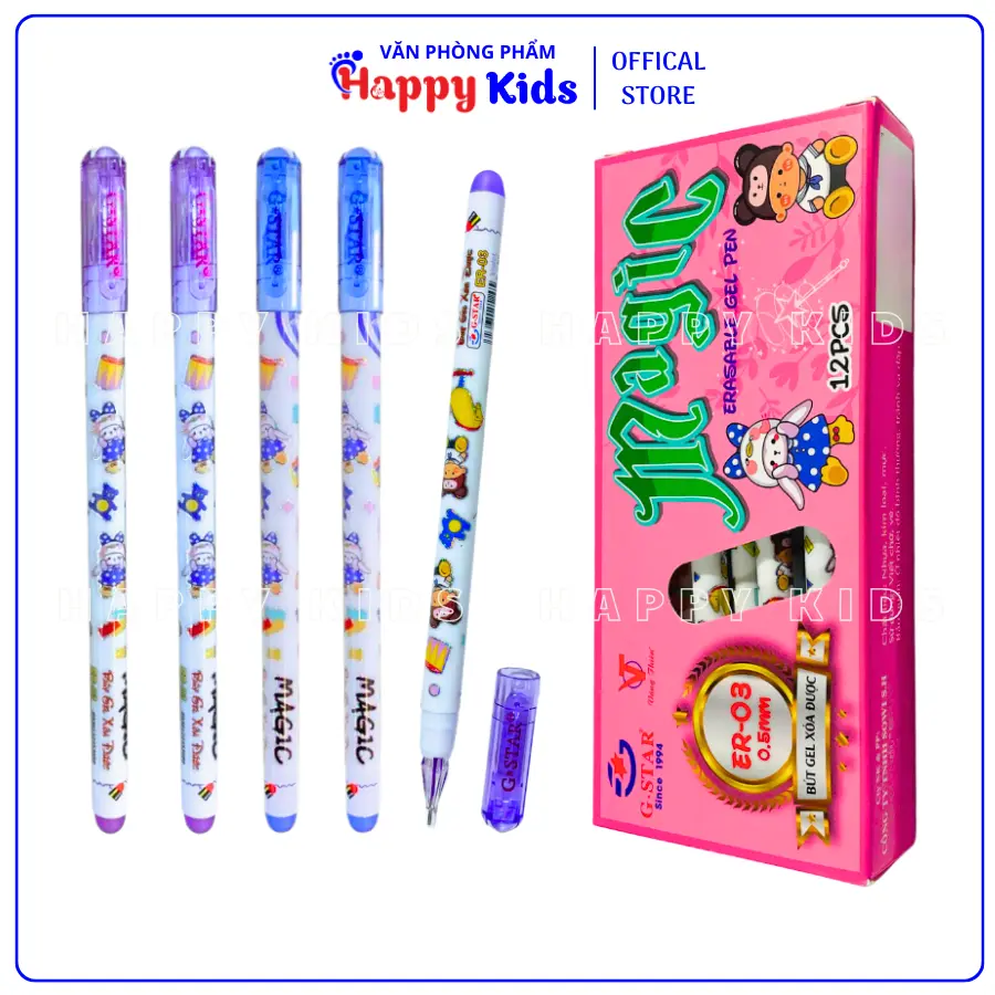 Hộp 12 Cây Bút Gel Xóa Được Ngòi 0.5mm G-Star ER03 (Mực Xanh/Tím) - Màu Mực Đậm, Nét Nhỏ Thanh Mảnh - VPP Happy Kids