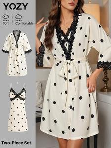 YOZY Women's Polka Dot Print Contrast Lace Belted Satin Bathrobe & Cami Nightdress Two-piece Set, Casual Soft Comfortable Nightgown & Dressing Gown Set, Ladies Sleepwear Set for All Seasons