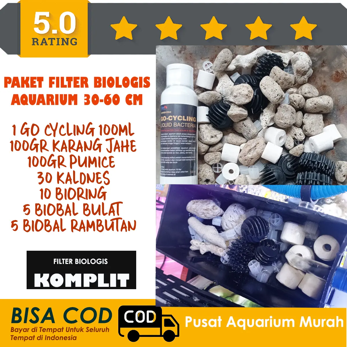 Paket filter Biologis Untuk aquarium 30-60cm Go Cycling Rumah Bakteri Bioring BIoball Pumice Karang Jahe Kaldnes Lengkap Media Filtrasi Air Bening Tidak Keruh Bebas Bau Amis Aquascape batu filter