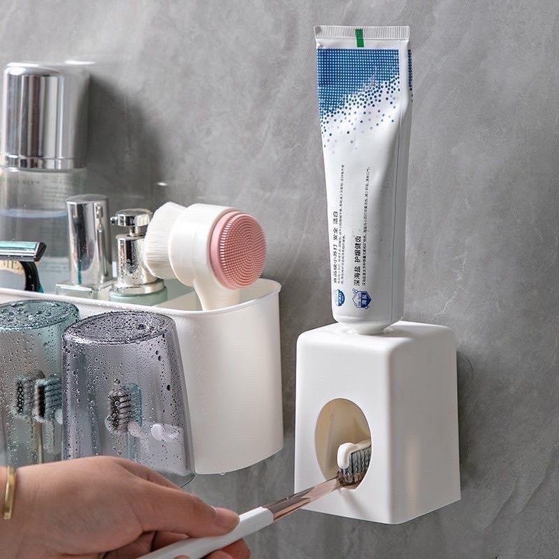 Bộ Nhả Kem Đánh Răng Tự Động Kèm 4 Cốc Dán Tường Cao Cấp Đựng Bàn Chải Nhà Tắm 4