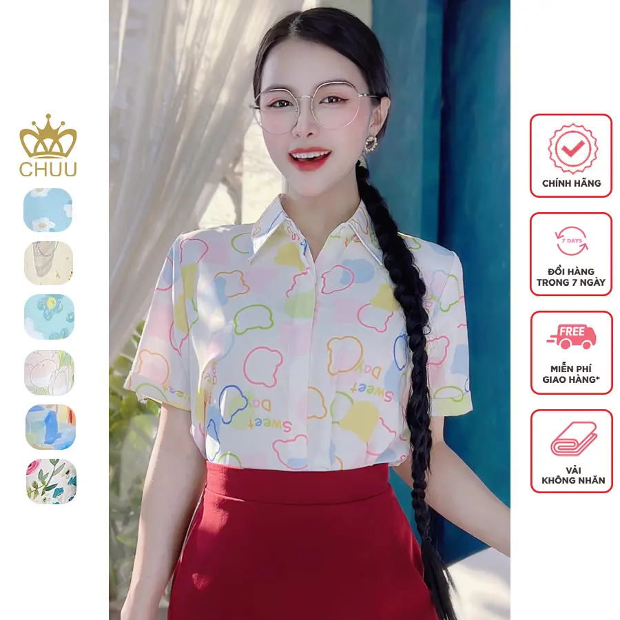Áo sơ mi nữ, áo sơ mi lụa tay ngắn họa tiết cute CHUU A1992