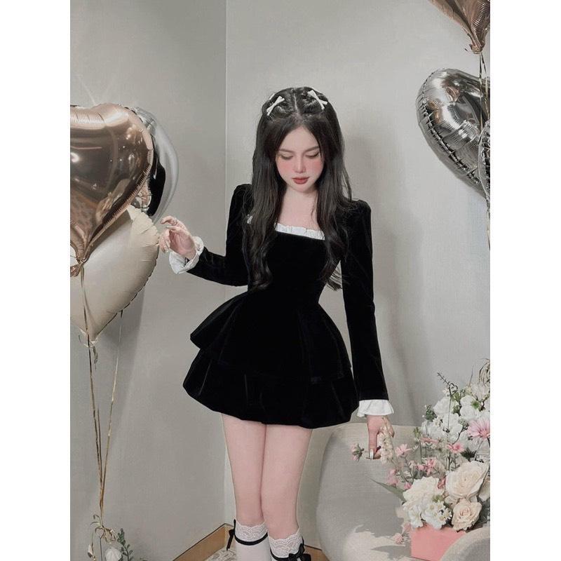 BIGSIZE HIẾU HIẾU 55-95KG - Set nhung thu đông áo cổ vuông tay dài kèm chân váy cúp bí