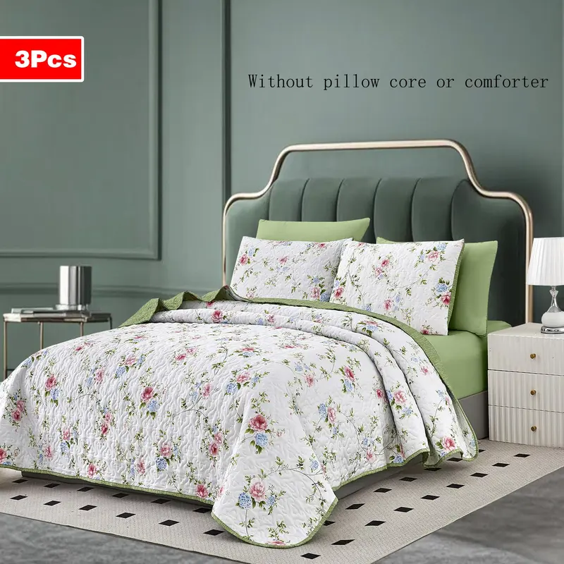 Floral Print Bedspread Set, 1 Count Bed Cover & 2 Counts Pillowcase without Filler, Soft Comfortable Bedding Set for Home Bedroom 3