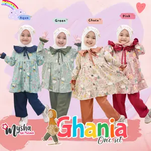 ONE SET Muslim anak setelan muslim anak Ghania oneset By Mysha Kids Muslimah atasan baju Celana Kancing Shakila Kerah Kombinasi Motif Pita