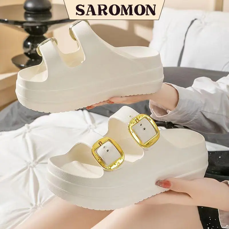 SAROMON Sandal Wanita Karet Jelly Wedges Platform Elastis Empuk Tali Belakang Motif Double Strap