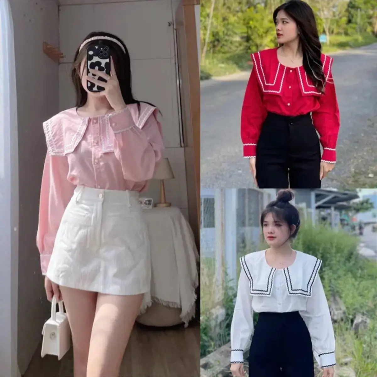 Áo kiểu tiểu thư viền bèo tay dài. Cổ tròn Cổ tròn
