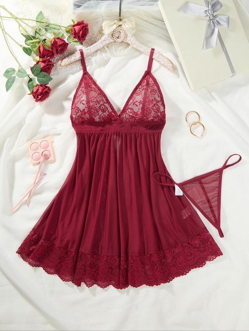 Product Introduction of Women's   Bow Decor Contrast Lace Cami Nightdress & Thong Mesh Sexy Lingerie Set, Adjustable Spaghetti Strap Nighty Dress & Sheer Thong Two-piece Lingerie Set, Ladies' Sleepwear Set for All Seasons 2