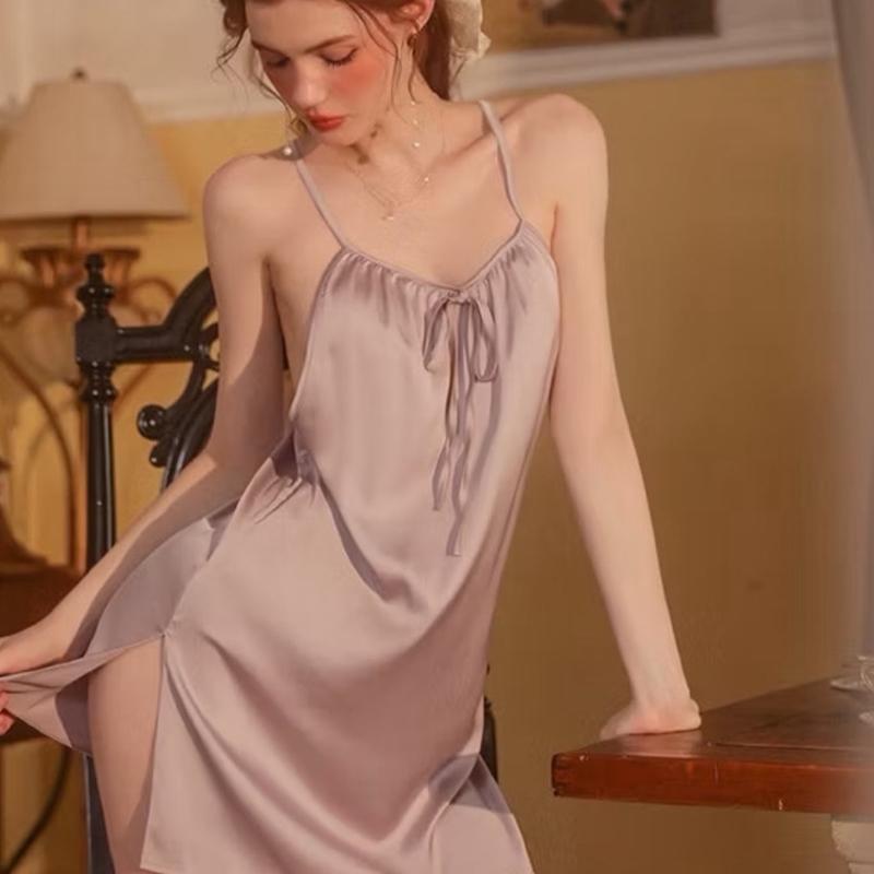 (Nhiều màu) Váy ngủ Lụa siêu mềm dáng suông xẻ 2 bên hông hách chân thon dài_V111 8