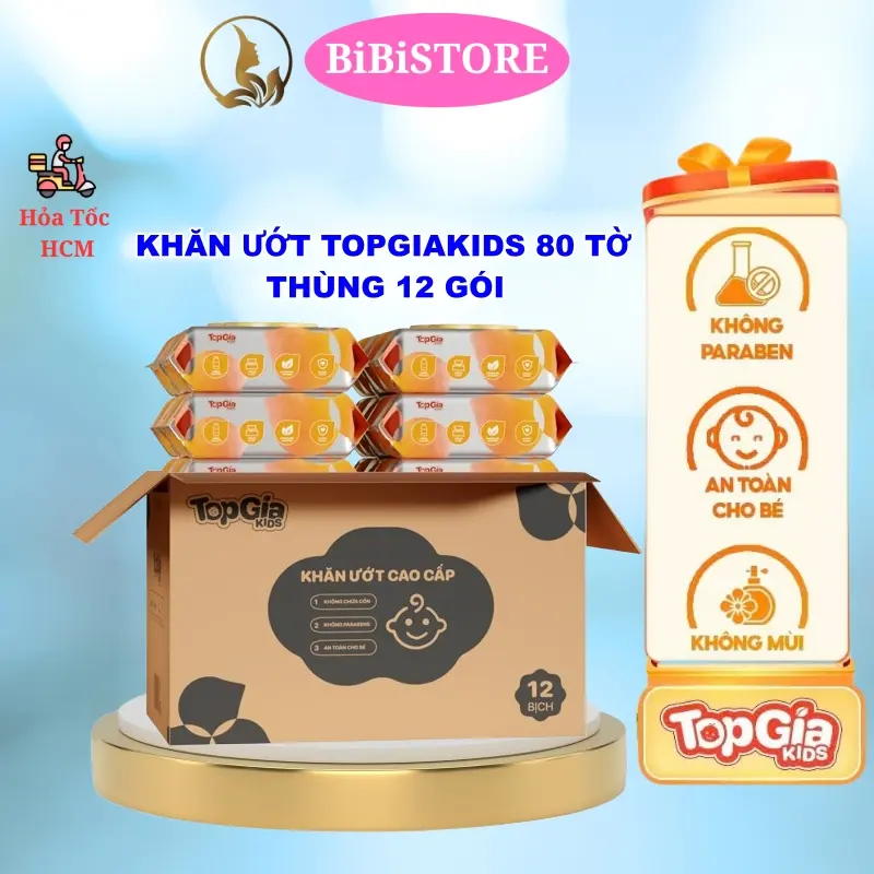 Thùng 12 gói Khăn Ướt TopGia Kids không cồn, không parabens mềm, mịn an toàn 80 tờ (Bibistore HCM)