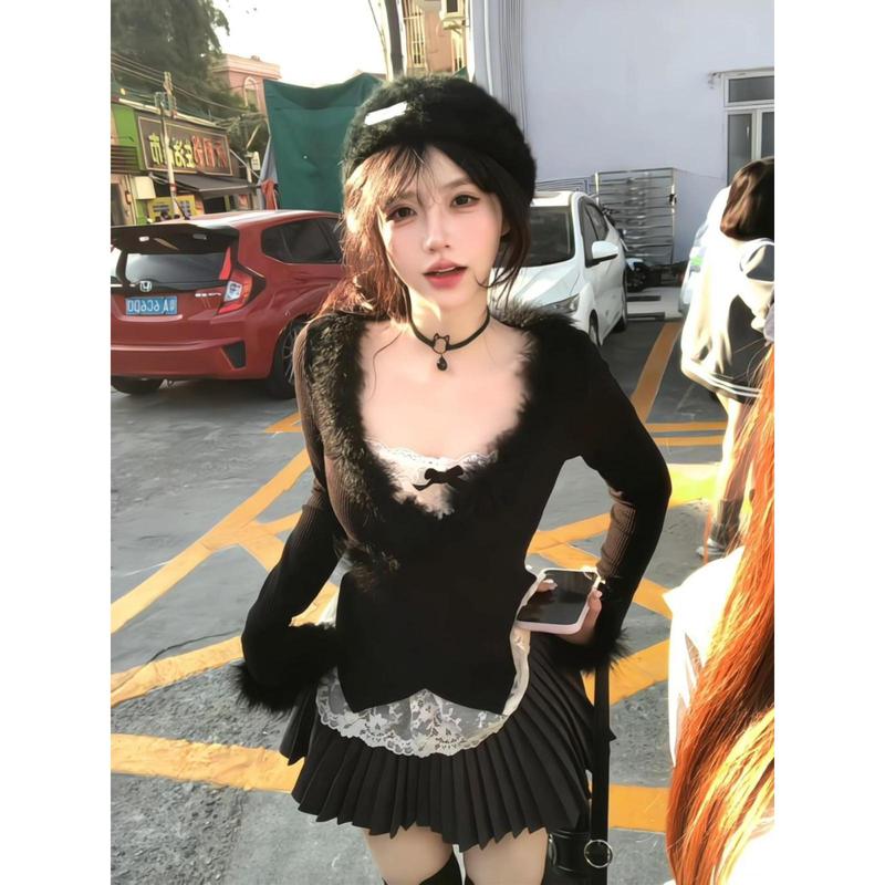 Áo Khoác Cardigan Cổ Chữ V, Dành Cho Nữ, Phong Cách OOTD, Với Không Khí Nhồi Bông Thích Hợp Cho Mùa Thu Và Mùa Đông, Váy Băng Quấn Dây Đeo Ren Mới, Bộ Hai Mảnh Women Top