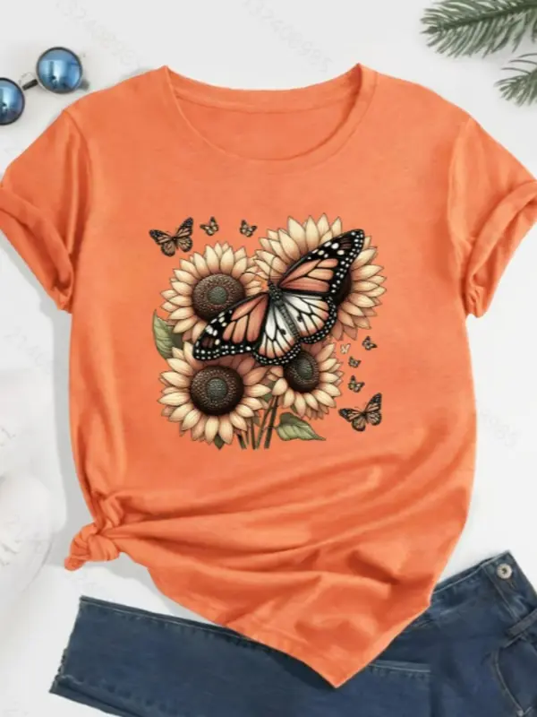 Plus Size Butterfly & Sunflower Print Round Neck Graphic Tee, Trendy Casual Short Sleeve T-shirt for Daily Wear, Ladies Summer Outfit 0