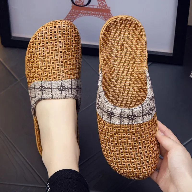 Dép Đi Trong Nhà, Sử Dụng Trong Nhà, Mùa Hè, Thoáng Khí, Dệt Bằng Mây Thảm Rơm Băng Đô, Đế Phẳng, Làm Bằng Cỏ Mây, Chống Trượt, Thích Hợp Cho Nam Và Nữ, Phong Cách Châu Âu, Chất Liệu Vải Lanh, Sử Dụng Trong Nhà