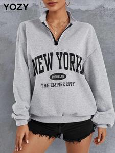 YOZY 1 Count Shoulder Zipper Letter Print Sweatshirt, Casual Long Sleeve Collared Pullover, 2024 Women's Daily Wear for Fall & Winter