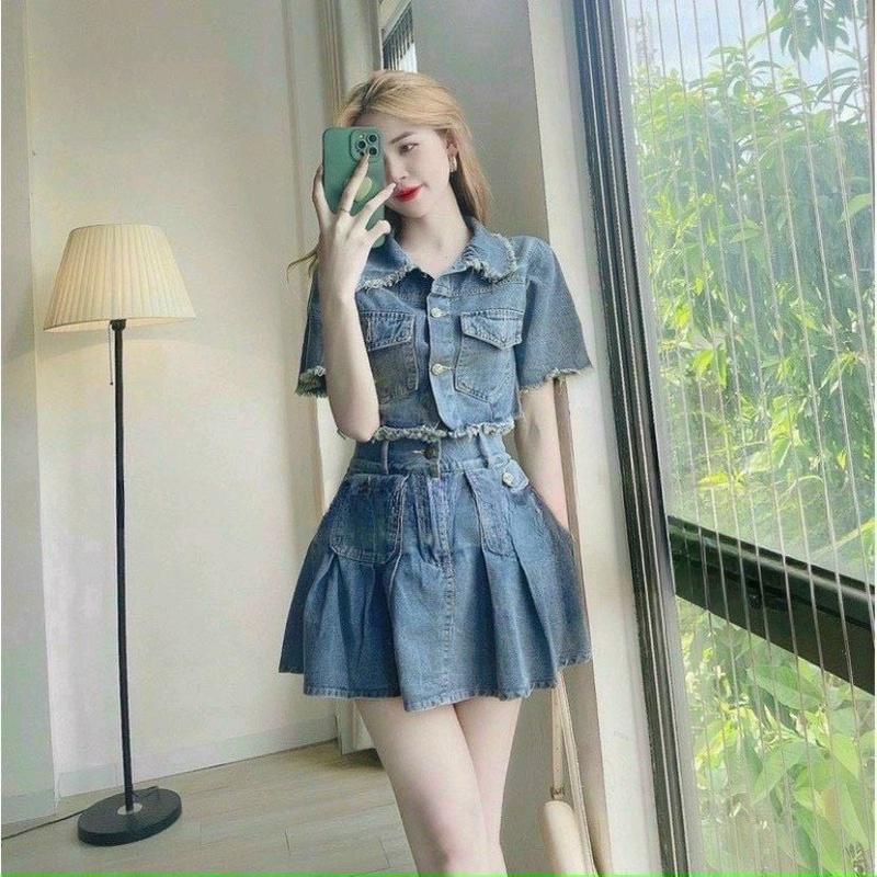 Set Chân váy kèm áo tay ngắn tua rua - Chất Jeans dày mịn - Hàng bao đẹp Nữ Top Denim 0