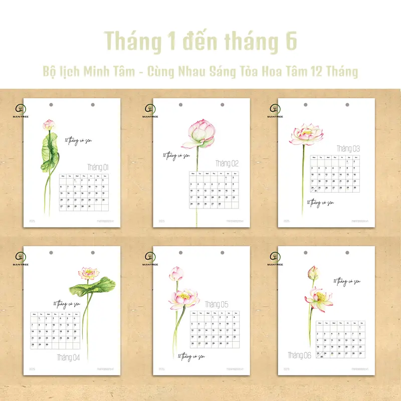 Lịch Để Bàn Nghệ Thuật 2025 Đế Gỗ Sáng Tạo - Chủ Đề 12 Tháng Có Sen 6